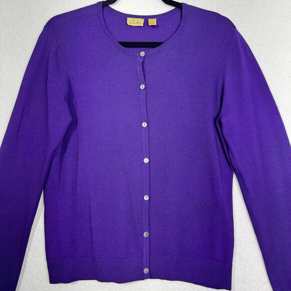Caslon Royal Purple Crewneck Cardigan Sweater Petite Large Rib Knit Trim Rayon - Picture 3 of 6